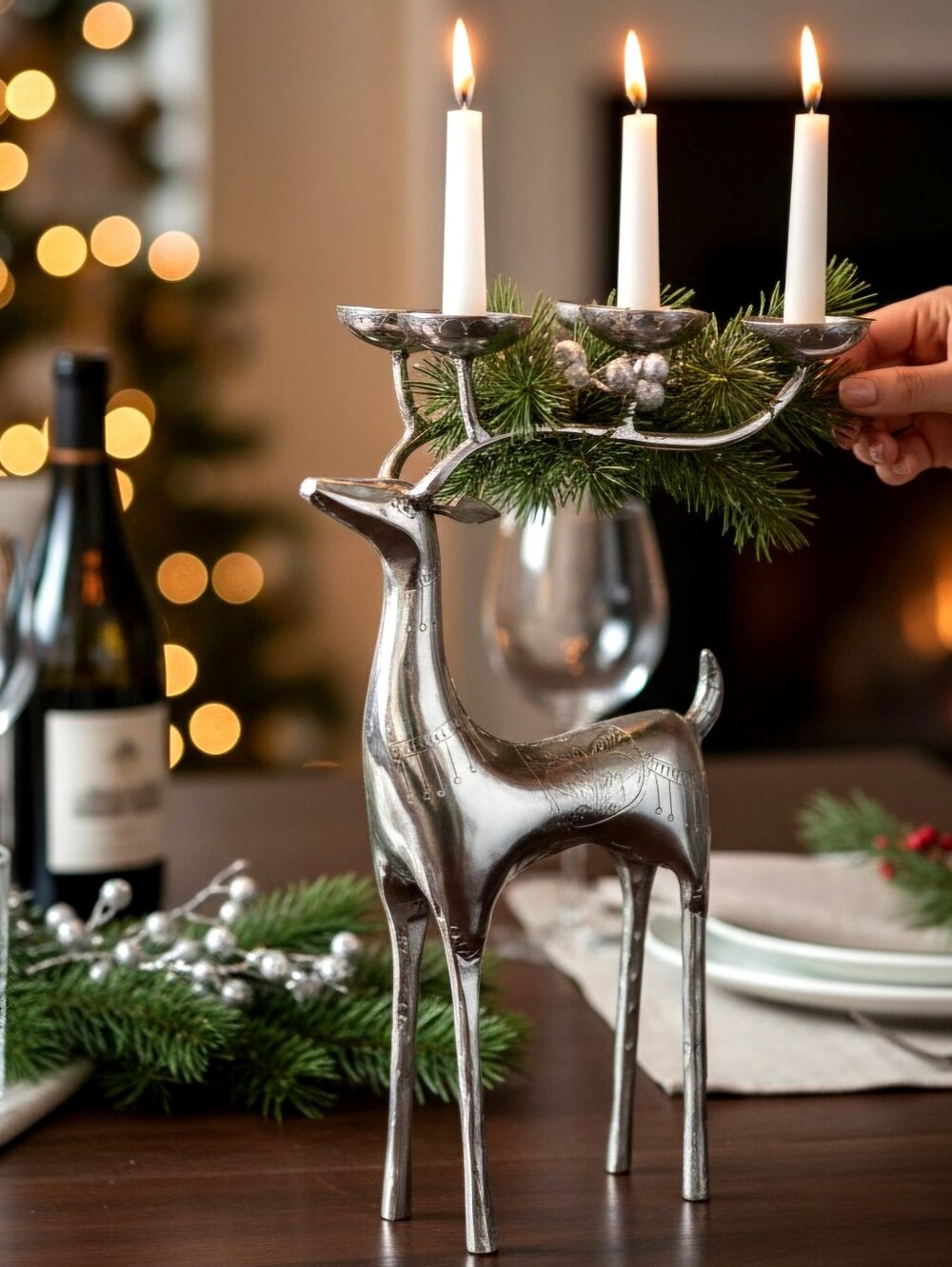 Shiny Reindeer Candle Holder 14"  Wrapped Metal Winter Holiday Christmas Decor